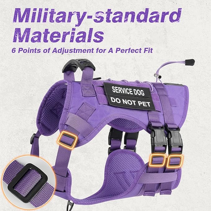 No Pull Tactical Dog Harness for Large Dogs, Escape Proof Molle Dog Vest Harness and Leash Set, Adjustable Military Service Dog Harness with Handle for Medium Large Dogs(Purple, XL)