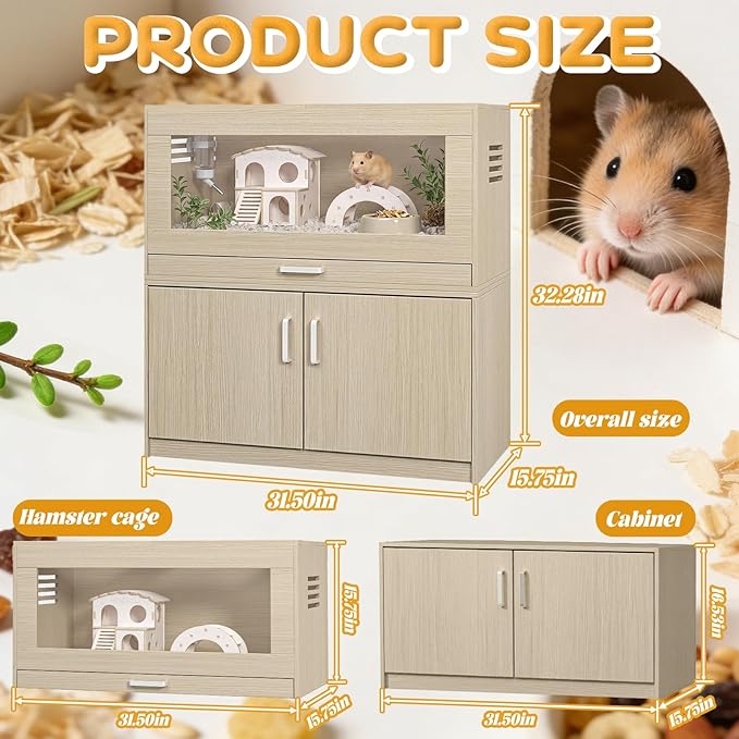 Hamster Cage with Storage Cabinet Detachable, Large Wooden Small Animal Habitat with Easy-Clean Drawer & Acrylic Panels for Guinea Pig, Rabbit, Hedgehog, Gerbil, Chinchilla, Teak