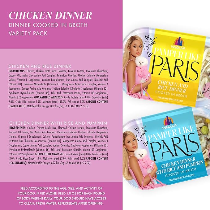 Weruva Pamper Like Paris Natural Wet Dog Food, Chicken Recipes Cooked in Broth Variety Pack (2.75oz Cup, Pack of 10)