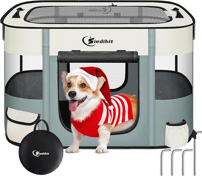 Dog Cat Playpen, Pet Puppy Portable Playpens for Outdoor Travel Crate, Indoor After Surgery Use, Foldable Dog Kennel Tent for Rabbit or Small Animals and Tent Stakes (Grey, Small)