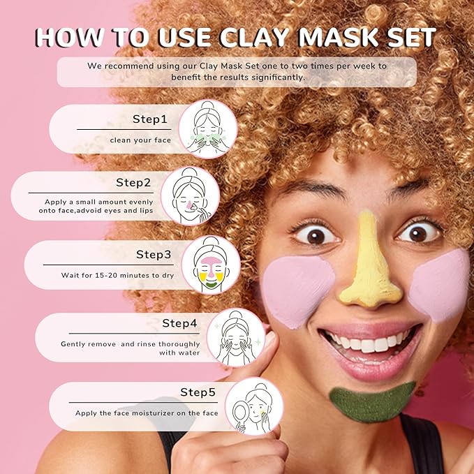 ANAI RUI 3 Pack Clay Mask Set Turmeric Vitamin C Clay Mask -Rose Facial Mask -Avocado Green Tea Mud Mask Smoothing, Hydration & Glow,Spa Gift Set, Self Care for Women Teens 2.5 oz Each