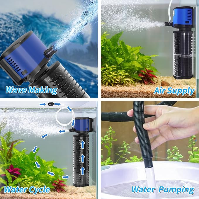 TARARIUM Aquarium Filter 400GPH for 55-200 Gallon Fish Tank, Biochemical Quiet Submersible Internal Powerful Pump Air Supply, Wave Maker 4 in 1, Small Ponds, Saltwater & Freshwater Crystal Clear