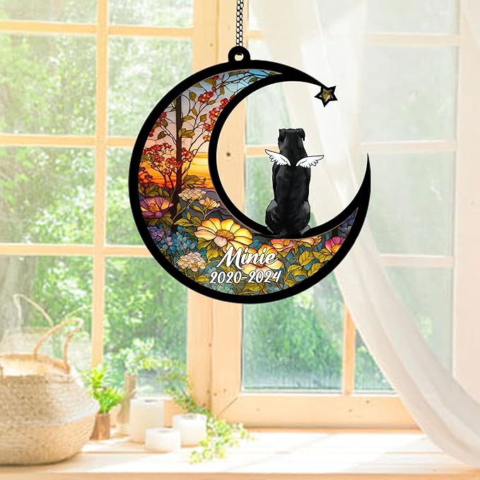 Personalized Pitbull (Black) Sun Catcher, Dog Memorial Gifts, Custom Pitbull (Black) with Wings Ornament Christmas Tree, Loss of Dog Sympathy Gift Memorial Suncatchers