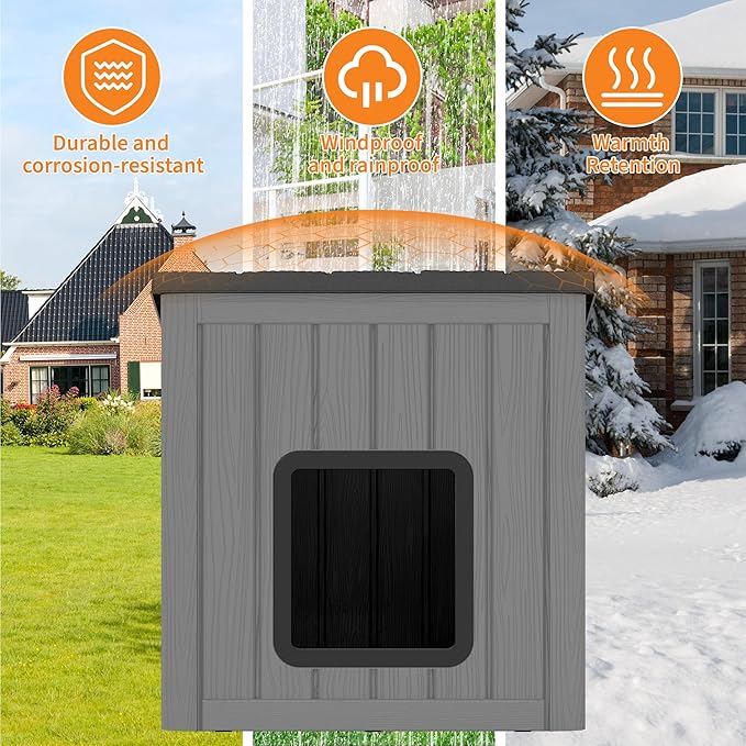 NUNU LAB Outdoor Cat House – Weatherproof & UV Resistant PP Material Shelter with Sloped Asphalt Roof, Durable Cat Condo for Garden, Patio, and Backyard (Black, Large)