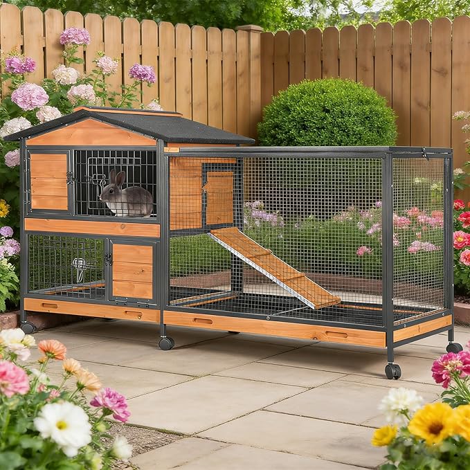 Rabbit Hutch with Chew Proof Metal Frame Indoor and Outdoor, Mobile Rabbit Cage with Wheels, Large Bunny Cage with Leakproof Trays and Waterproof Roof for Guinea Pig, Small Animals (Orange)