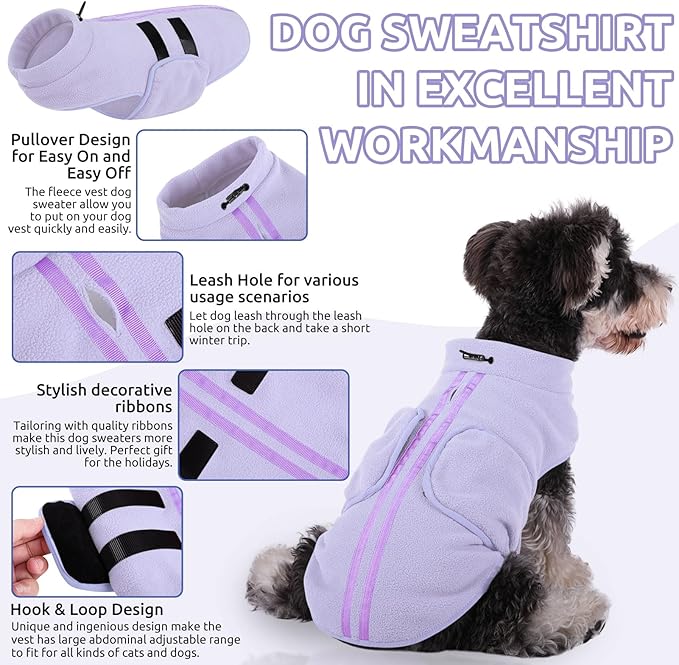 Queenmore Medium Dog Sweater, Soft Fleece Vest Pullover Dog Jacket with Leash Hole, Warm Winter Dogs Clothes Cold Weather Doggy Dachshund Sweaters for Medium Dogs Cats Boy or Girl (Lilac,M)