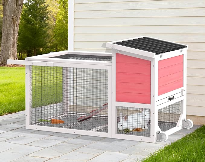 2-Story Rabbit Hutch, Insulated Bunny Hutch w/Chew-Proof Ramp & Wheels, Indoor/Outdoor Bunny Cage w/Leak-Proof Trays and Openable Waterproof Roof for Guinea Pig, Pink