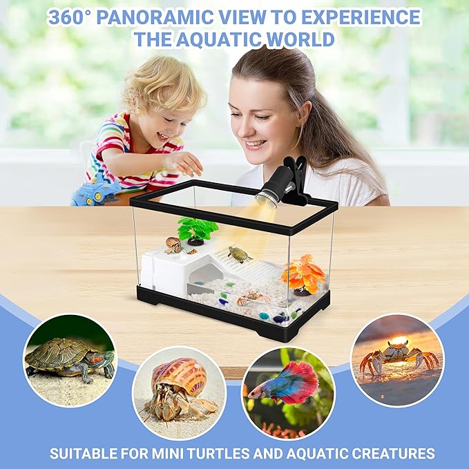 GOZILLA Mini Turtle Tank Kit with Adjustable Lamp, Upgrade PC Hermit Crab Tank,Small Turtle/Hermit Crab Starter Kit with Lid, Hideout Platform for Baby Turtles, Crabs, Fish.(11.8×7.24×7.1''/Black Kit)