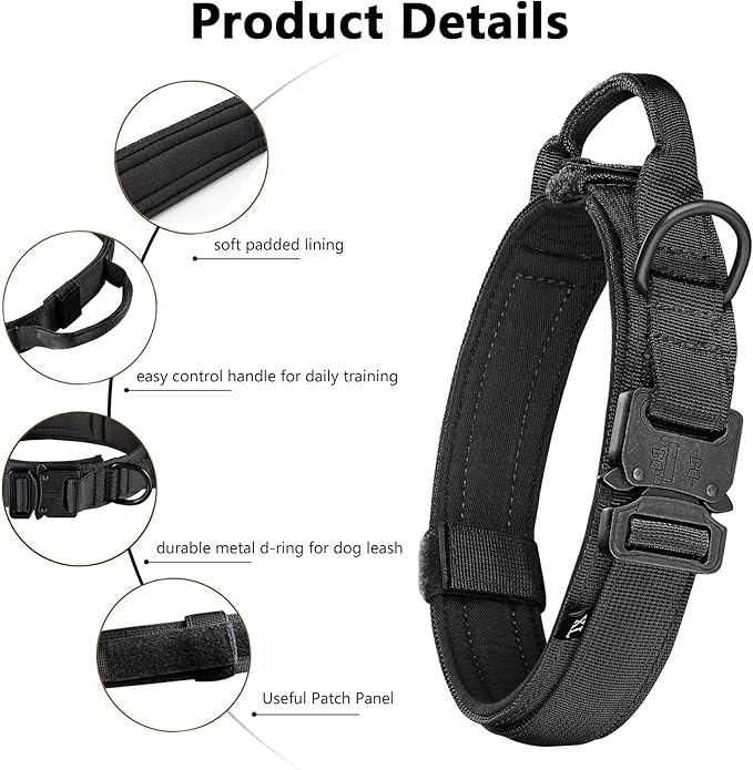 Tactical Dog Collar and Leash Set Heavy Duty Military Dog Collar with Handle and Metal Buckle for Medium and Large Dogs (Black, L)
