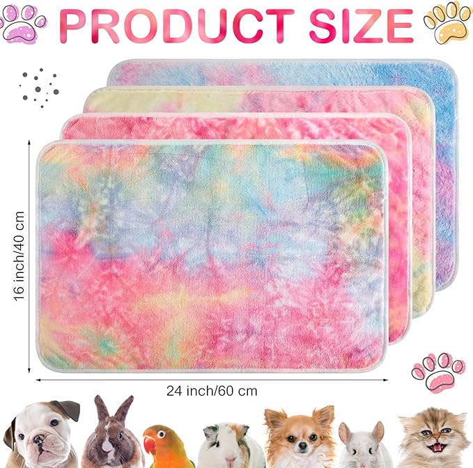 Reginary 4 Pcs Waterproof Guinea Pig Blankets Washable Small Animal Fleece Bedding Guinea Pig Cage Liners Reusable Training Pads Pet Pee Pad Sleep Mat for Hamster(Tie Dye Pattern,24 x 16 Inch)