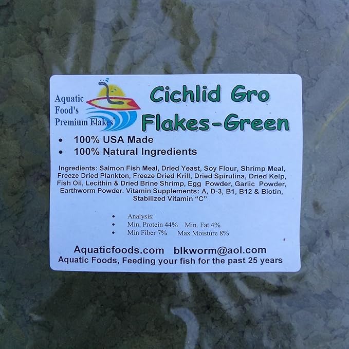 Aquatic Foods Inc. Cichlid Green GRO Spirulina Flakes, Discus, Angel Fish, Central & South American Cichlids for All Tropical Fish. Premium AF Flakes - 1/4-lb