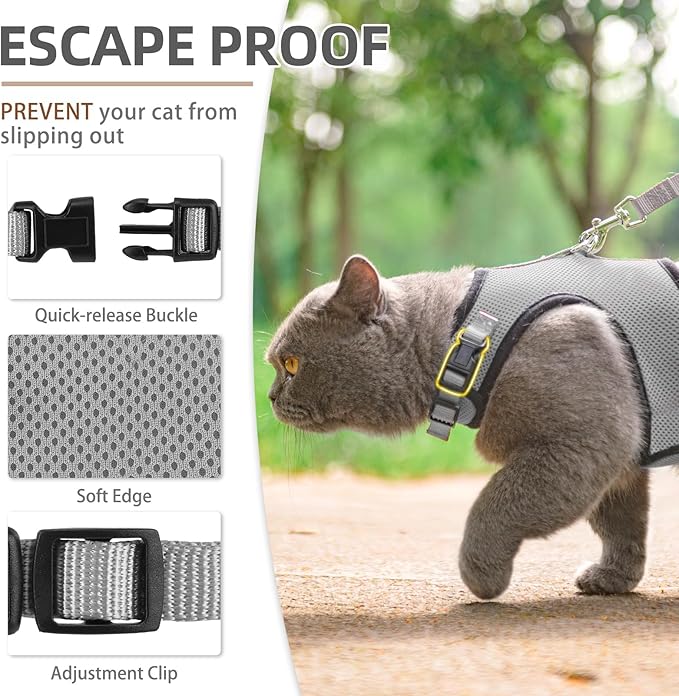 PUPTECK Soft Mesh Cat Vest Harness and Leash Set Puppy Padded Pet Harnesses Escape Proof for Cats Small Dogs Rabbits Bunny, Grey S