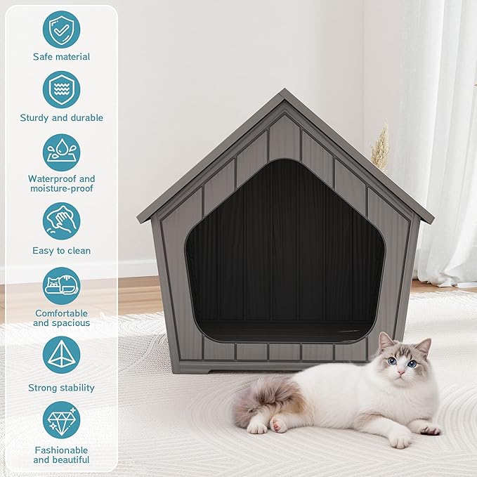KAMABOKO Outdoor Cat House, Weatherproof Plastic Cat Shelter for Indoor & Outdoor, Durable All-Season Pet House for Feral, Stray & Domestic Cats (Gray)
