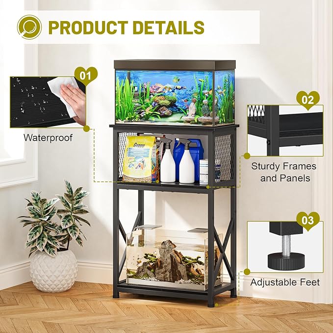 Snughome 10 Gallon Aquarium Stand with Storage, 3 Tier Heavy Metal Fish Tank Stand Shelf 20.47" x 11.42" x 30.91", Black