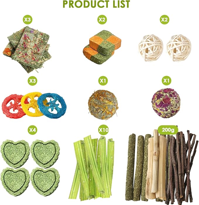 60pcs Bunny Chew Toys for Rabbits Teeth, Natural Rabbit Toys Apple Wood Sticks, Carrot, Timothy Grass Treats for Small Pets, Hamster, Chinchilla, Guinea Pig