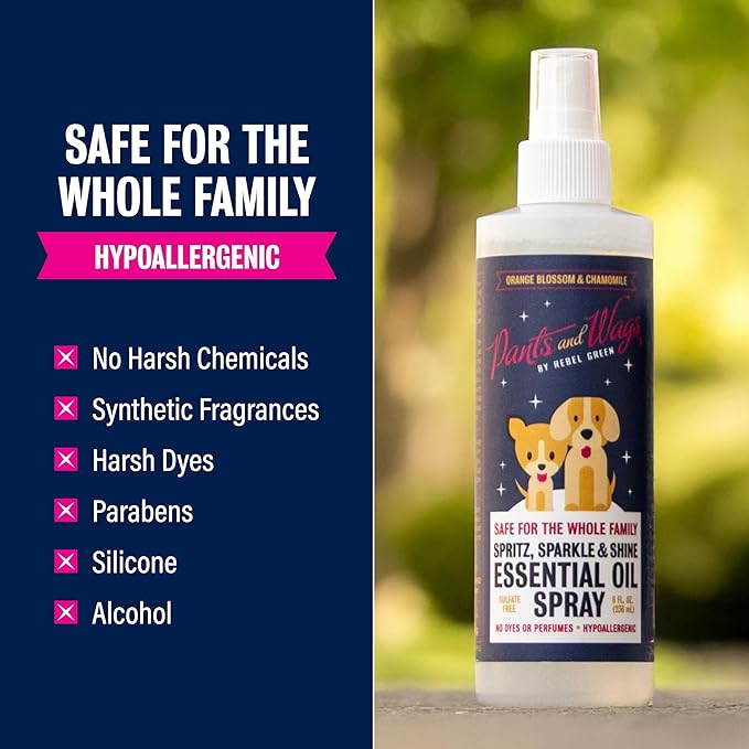 Rebel Green Pants and Wags Spritz, Sparkle & Shine Essential Oil Spray - Orange Blossom & Chamomile - Hypoallergenic - No Dyes or Perfumes - 8 oz - 2 Pack