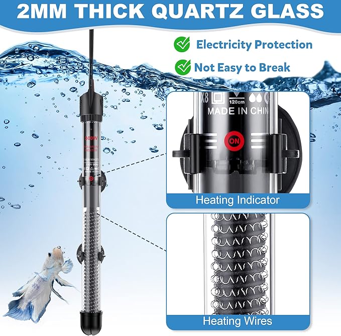 Dreyoo 2 Set Submersible Aquarium Heater, 100W/300W Adjustable Aquarium Fish Tank Heater with 4 Thermometers Stickers and Suckers, Adjustable Knob Thermostat for Marine Saltwater and Freshwater(300W)