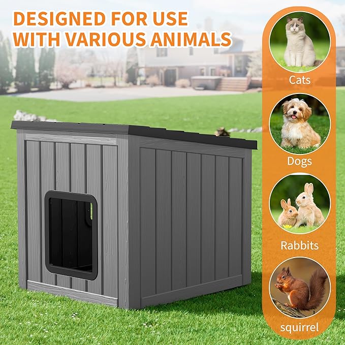 NUNU LAB Outdoor Cat House – Weatherproof & UV Resistant PP Material Shelter with Sloped Asphalt Roof, Durable Cat Condo for Garden, Patio, and Backyard (Black, Large)