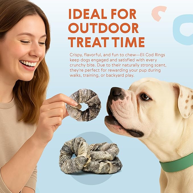 Eli Cod Skin Rings – A Natural, Protein-Rich Dog Treat Made from Crunchy Cod Skin Loops, High in Omega-3, Ideal as a Longer-Lasting Reward, Single Ingredient, Grain Free, Air Dried – 2.45oz