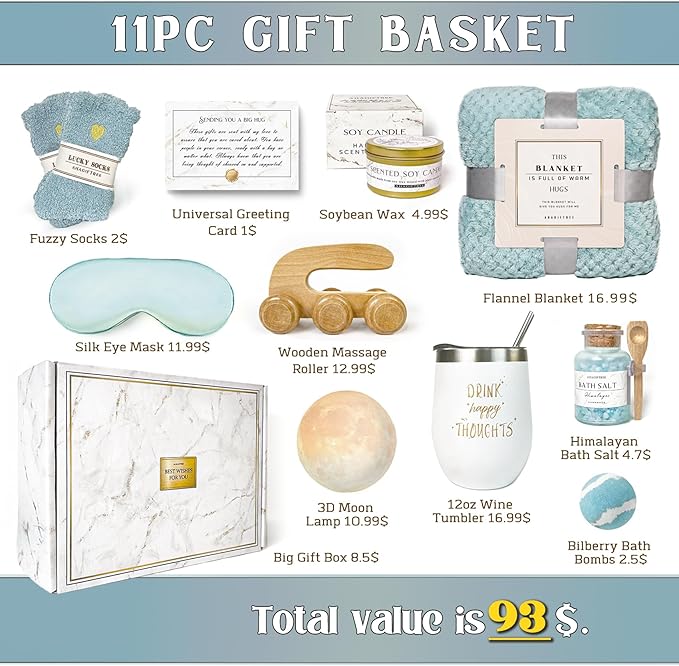 Birthday Gifts for Women Self Care Gifts Get Well Soon Gifts Baskets with Moon lamp for Women After Surgery,11PC Spa,Thinking of You Gift, Care Package for Mom Friend (Turquoise)