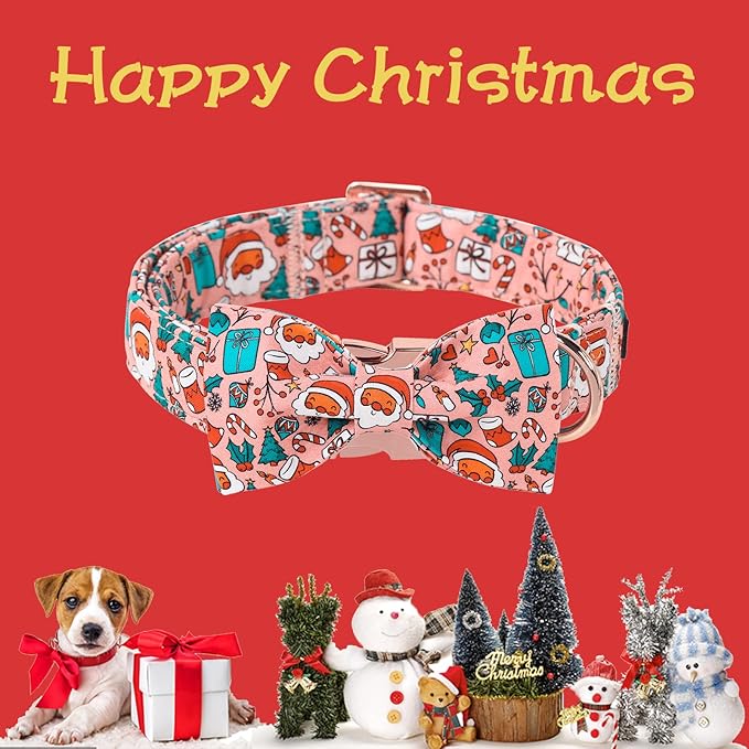 Unique Style Paws Christmas Day Dog Collar with Bow Pink Christmas Man Cotton Puppy Collars for Small Medium Large Dogs