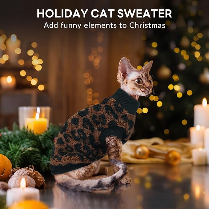 PUMYPOREITY Winter Warm Cat Sweater - Super Soft & Elastic Knit with Plush Fleece, Easy-On Design with Ribbed Neck & Cuffs, Stretchy Cat Outfit for Indoor/Outdoor Use,Brown, L