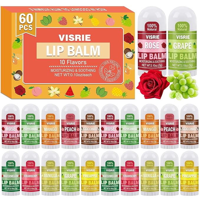 60 Pack Mini Lip Balm Bulk, Natural Lip Balm with Vitamin E & Beeswax, Moisturizing Lip Care for Dry Lips, Perfect for Party Favors, Care Packages & Small Gifts