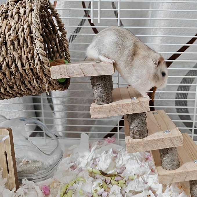 Hamiledyi Hamster Climbing Ladder Wood Stair and Hanging Hammock Set Wooden Molar Toys Cage Accessories for Syrian Hamster Gerbil Mice