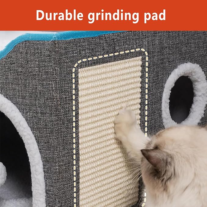 Foldable cat Bed, Cat Beds for Indoor Cats, Large Cat Cave for Pet Cat House with Fluffy Ball Hanging and Scratch Pad, Providing Entertainment for Cats (Grey, Double)