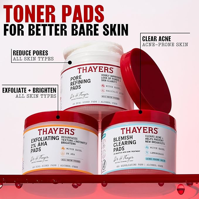 Thayers Exfoliating 2% AHA Toner Pads, Dual-Sided Exfoliating Pads with Witch Hazel, Glycolic Acid and Lactic Acid to Resurface Skin Texture and Instantly Brighten, For All Skin Types, 60 Count