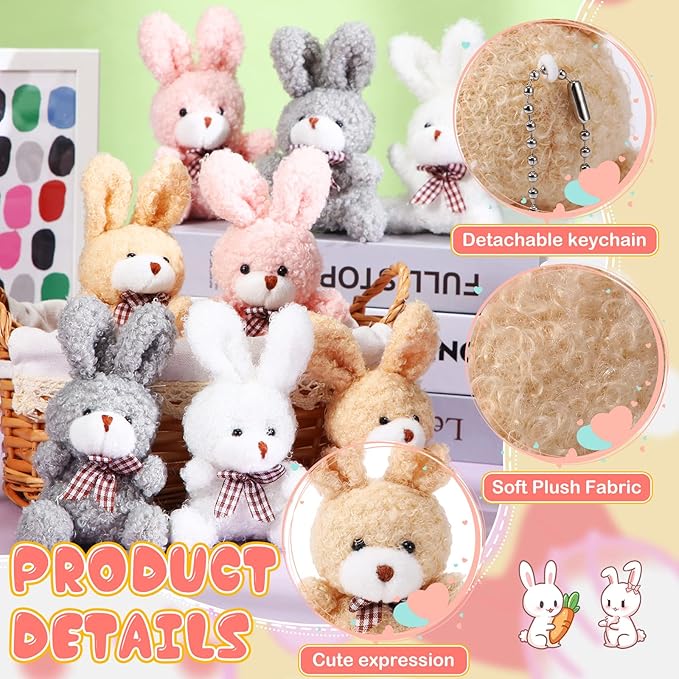Sotiff 24 Pcs Easter Plush Bunny Stuffed Animal Gift Bulk 4.7 Inch Mini Bunnies Keychain Doll Furry Rabbit with Bow Tie for Birthday Baby Shower Party Favor Gifts Classroom Rewards(Classic Color)