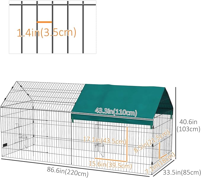 PawHut Metal Chicken Coop, 87" x 34" x 41" Chicken Run Pen for Yard with Cover, Portable Catio Poultry Cage Indoor Outdoor Backyard, Cat Cage for Rabbit, Duck, Hen, Small Animal, Chinchillas, Green
