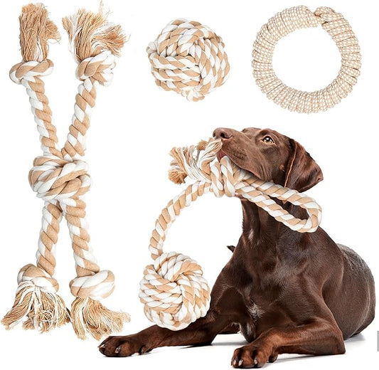 Fida Heavy Duty Dog Rope Toys for Aggressive Chewers 4pcs Pack – Natural Cotton Dog Chew Toys for Large Dogs, Tug-of-War & Fetch Rope Ball/Ring/Knot/Twist to Keep Them Busy