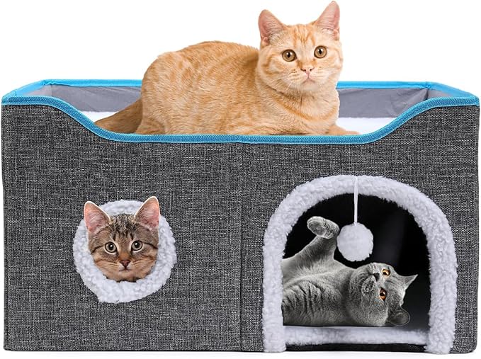 Foldable cat Bed, Cat Beds for Indoor Cats, Large Cat Cave for Pet Cat House with Fluffy Ball Hanging and Scratch Pad, Providing Entertainment for Cats (Grey, Double)