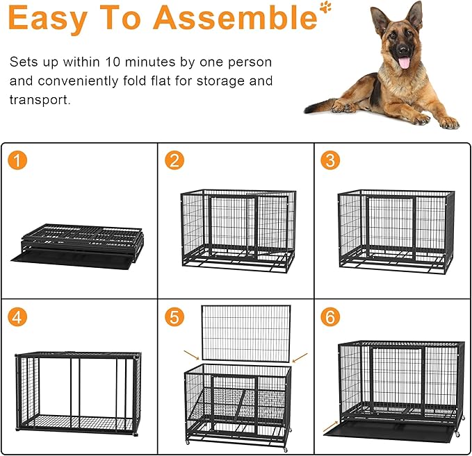 48/37 inch Heavy Duty Wire Dog Crate Cage Kennel for Large Dogs, High Anxiety Dog Crate with Removable Crate Trays, Wheels and Double Door, Extra Large XL XXL