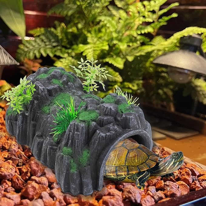 Fish Tank Hideout Cave Decor,Resin Rock Mountain Tunnel with Moss Plants Betta Cichlid Habitat Shelter for Aquarium Fish Tank Accessories 9.5 x 6 x 4 Inch