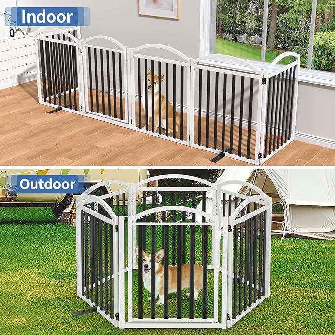 Malier Metal Freestanding Dog Gate with Door, 32'' Height 6 Panels Dog Gate for House, Extra Wide Foldable Indoor Puppy Fence (Black + White, 【6 Panels with Door】 144''W × 32''H)