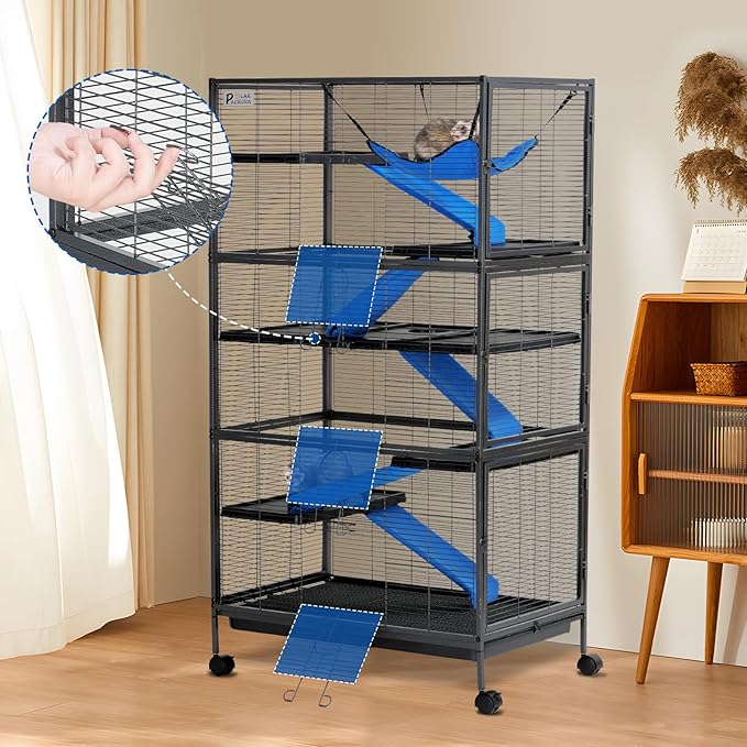 Polar Aurora Metal Small Animal Cage, 59" H Ferret Cage with Lockable Wheels, Deluxe Chinchilla Cages with Hammock and Removable Tray, 6 Tiers Critter Nation Cages for Pets (XL)