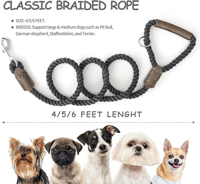 Mile High Life Dog Leash, Braided Cotton Rope Leashes with Leather Handle - Heavy Duty Metal Clasp, 5FT, 1/2" Thick - Wedding, Walking & Training Leash for Small Medium Large Dogs (Gray)