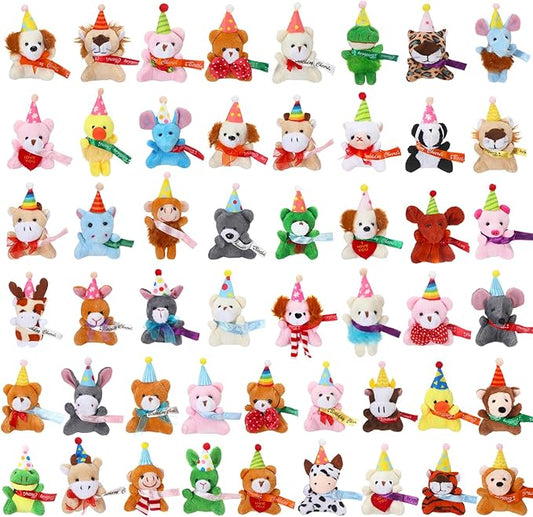Skylety 50 Pcs Mini Christmas Stuffed Animals Bulk Small Christmas Tree Decorations Tiny Cute Plush Keychain Doll Toy for Holiday Xmas Party Favor Gift Classroom Prizes(Birthday Animals,Classic Color)