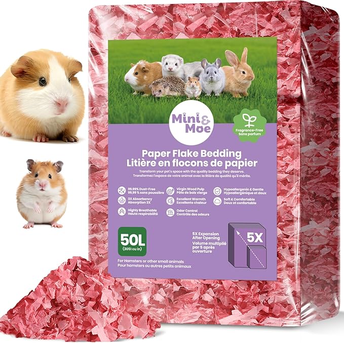 mini&moe Hamster Bedding 50L: Dust-Free and Odor Control Moisture Absorbent Unscented Natural Paper Small Pet Bedding - for Guinea Pigs, Hamsters, Chinchilla,Rabbits,Rat,Ferret, and Gerbil, 50 Liters
