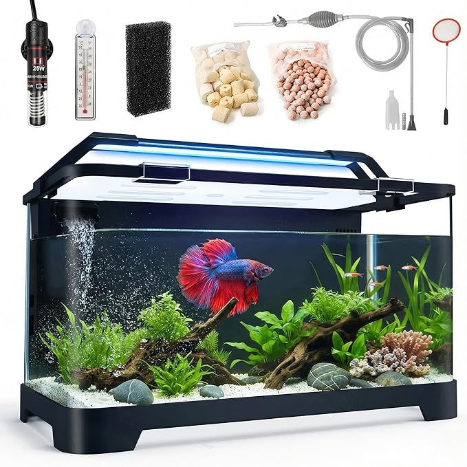 3.5 Gallon Self Cleaning Fish Tank, Aquarium Starter Kit for Betta, Shrimp & Small Fish, Betta Fish Tank with Heater, Thermometer, LED Light, Hidden Multi-stage Filtration System and Water Changer Kit