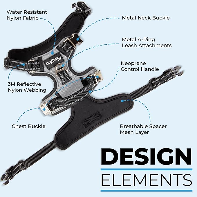 Step in Dog Harness for Extra Large Dogs, Silver Gray, Adjustable, Easy On Off, No Pull Through Design, 2 Dog Leash Points, 3M Reflective Trim, Neoprene Padded Control Handle