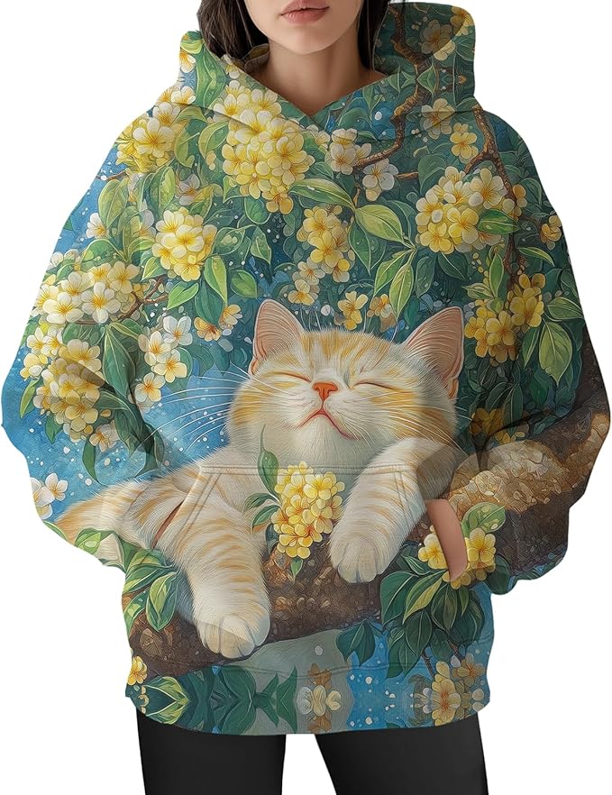 Womens Funny Cat Hoodies Oversized Graphic Hooded Sweatshirt for Women Fall Plus Size Pullover Hoodie Y2K