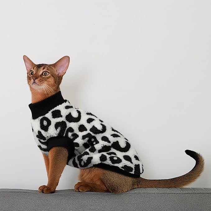 PUMYPOREITY Winter Warm Cat Sweater - Super Soft & Elastic Knit with Plush Fleece, Easy-On Design with Ribbed Neck & Cuffs, Stretchy Cat Outfit for Indoor/Outdoor Use,Black Leopard, L