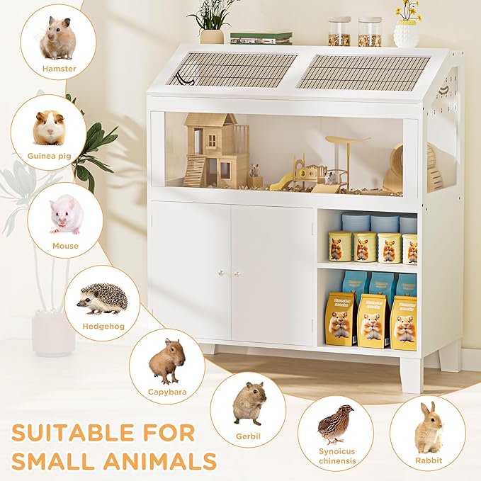 Hamster Cage with Storage Cabinet Small Animal Cage, Natural Solid Wood Large Guinea Pig Cages with Acrylic Windows for Easy Viewing, Hedgehog Cage for Gerbil,Rat, Hedgehog, Habitats, White
