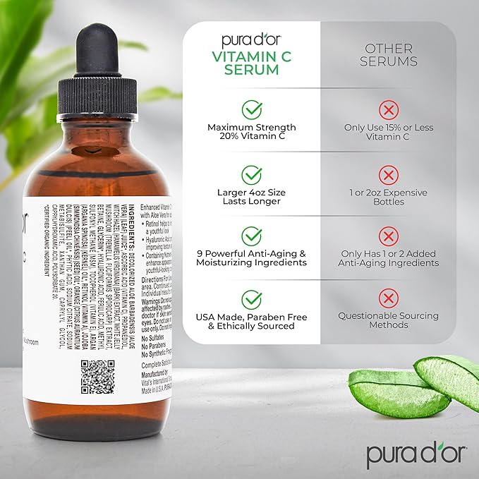 PURA D'OR 20% Vitamin C Facial Serum 4 Oz - Antioxidant Blend with Retinol, Hyaluronic Acid, Vitamin E & Ferulic Acid - Hydrating Lightweight Skincare Formula - Men and Women Daily Use Skin Care Plus