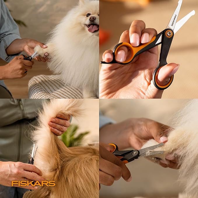 Fiskars Pet Scissors, Dog & Cat Grooming Scissors, Rounded Tips & SoftGrip Handle for Delicate Areas, Cat and Dog Supplies, 5.5”, Orange/Black, Detailing Scissors