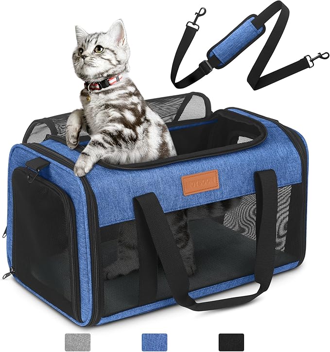 PETUX Airline Approved Cat Carrier or Small Cat up to 12 lb - 17"x11"x9.5", TSA, Underseat, Top & Side Entry, Soft Sided Pet Carrier with Breathable Anti-Scratch Mesh for Travel and Vet Visit - Blue