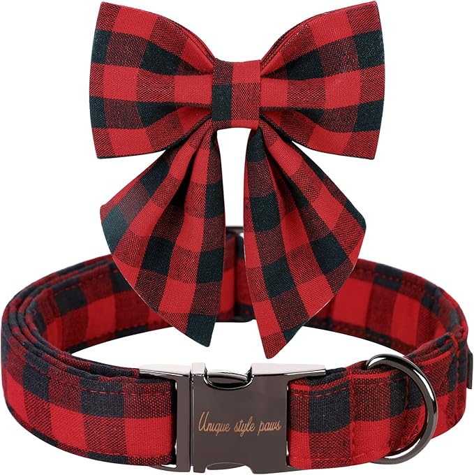 Unique style paws Christmas Dog Collar with Bow Tie Classic Red Plaid Puppy Collar for Small Medium Large Dogs as Holiday Winter Gifts-M